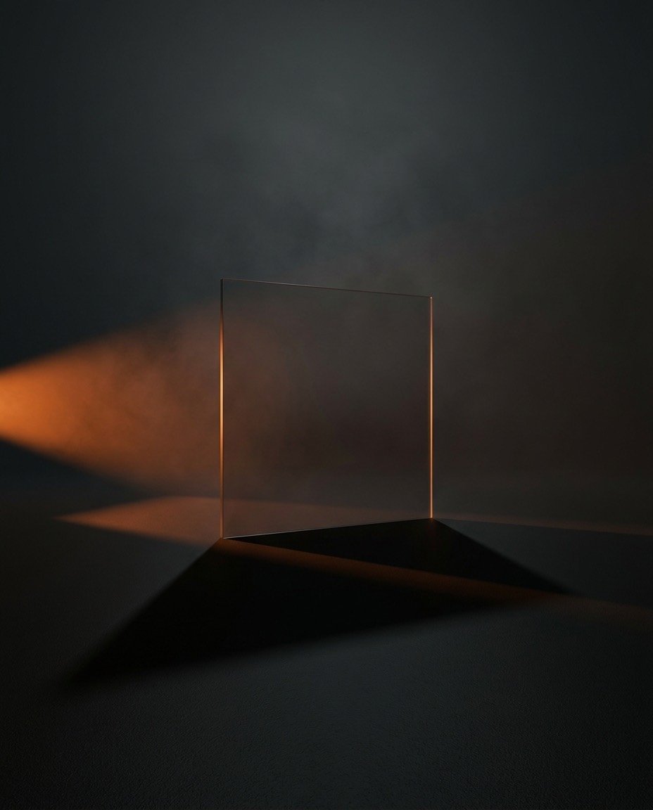 A single glass panel standing in a dark studio, lit by a narrow orange spotlight